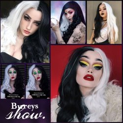 ⭐ Peluca Cruella De Vil Rizada Carrera al centro 70cm Kanekalon