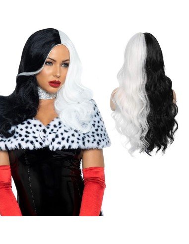 ⭐ Peluca Cruella De Vil Rizada Carrera al centro 70cm Kanekalon