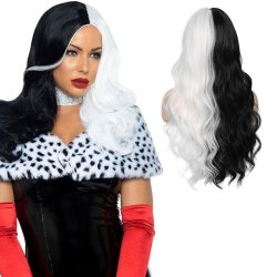 ⭐ Peluca Cruella De Vil Rizada Carrera al centro 70cm Kanekalon