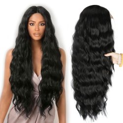 ⭐ Peluca Rizada Carrera al centro 70cm Kanekalon Front Lace Negrp