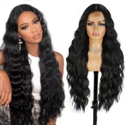 ⭐ Peluca Rizada Carrera al centro 70cm Kanekalon Front Lace Negrp