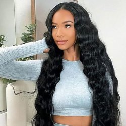 ⭐ Peluca Rizada Carrera al centro 70cm Kanekalon Front Lace Negrp