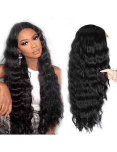 ⭐ Peluca Rizada Carrera al centro 70cm Kanekalon Front Lace Negrp