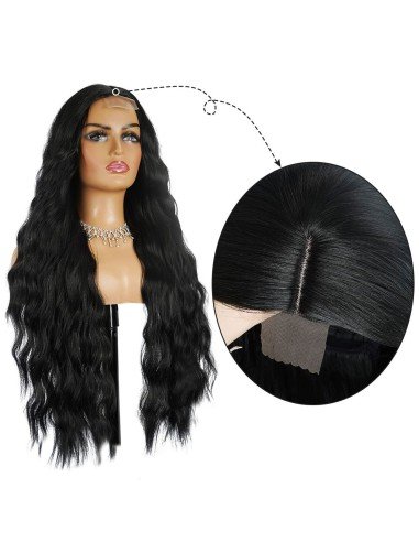 ⭐ Peluca Rizada Carrera al centro 70cm Kanekalon Front Lace Negrp