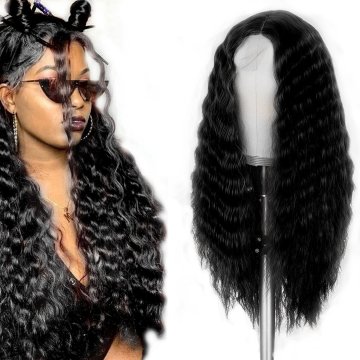 ⭐ Peluca Rizada Carrera al centro 70cm Kanekalon Front Lace Negrp