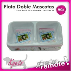 Comedero para mascotas plato doble diseño rectangular en melamina